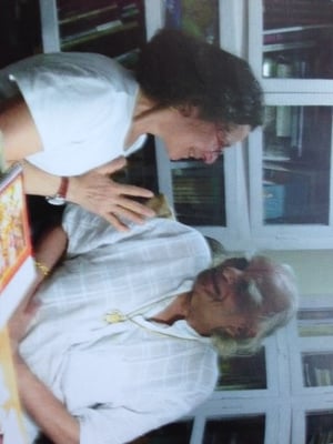 Nancy and B.K.S. in the Ramamani Memorial Iyengar Yoga Institute in Pune India July 2000