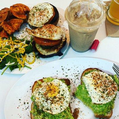 Avocado Toast, Portobello Mushroom Tower, Lebanese Iced Latte.