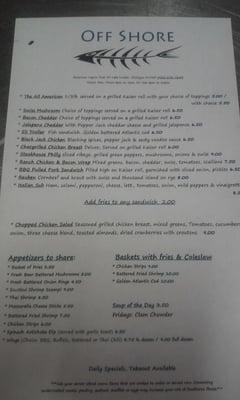 OFF SHORE DINING MENU