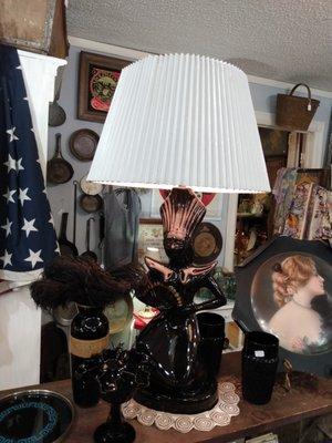 Vintage lamp, Black glass, and Victorian stove pipe cover