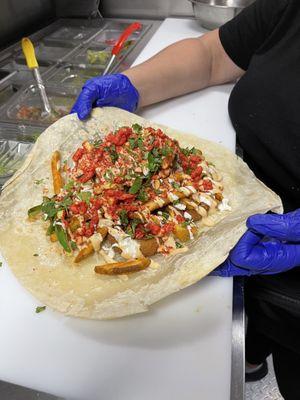 SoCal Asada Burrito with added Onion rings