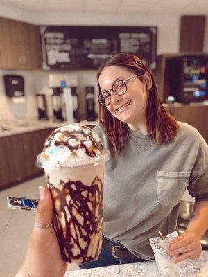 Mocha Frappe with chocolate and caramel drizzle!