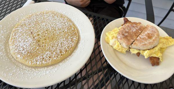 Egg sandwich & a single pancake.