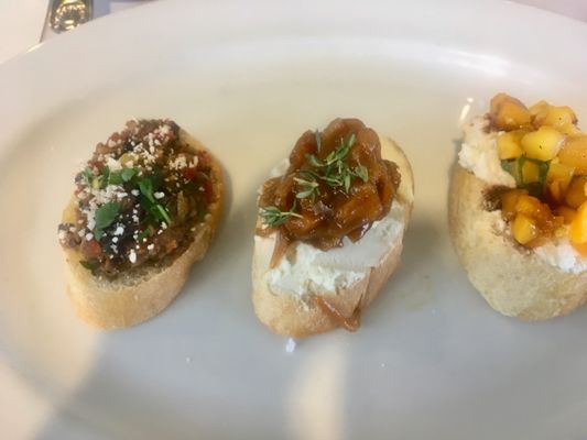 -Antipasto: Trio of Spreads- Roasted red pepper eggplant tapenade, caramelized cipollini apricot jam, yellow heirloom bruschetta