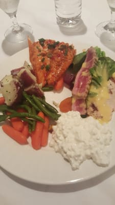 Salmon, seared Tuna,  vegetables and cottage cheese from the buffet