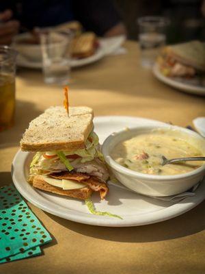 half and half with club sandwich and chicken pot pies