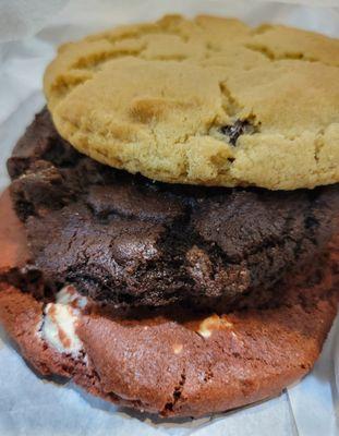 Classic Chocolate Chip, Double Chocolate Chip, Red Velvet with White Chocolate Chip