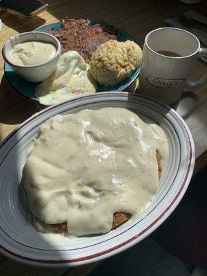 Elk round steak, two eggs, biscuit and gravy, home style potatoes