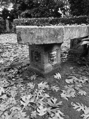 Details on the stone benches in the courtyard