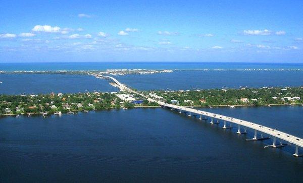 Looking East over Stuart Causeway with view of St Lucie River, Intracoastal Waterway, Atlantic Ocean, and Water Pointe Realty Group office