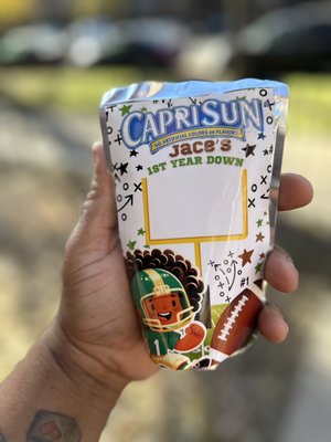 Custom Capri Sun party favor with customized clipart. 1st Year Down