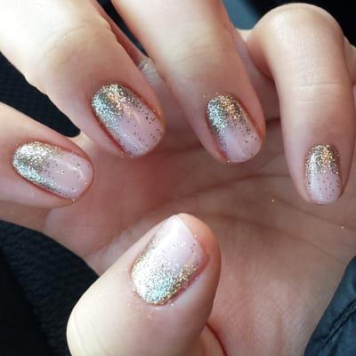 Ling is the best! Gold glitter and pink shellac reverse ombre.