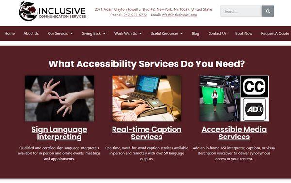 Website of Inclusive Communication Services that delivers ADA compliance with professional sign language interpreter, caption services etc.