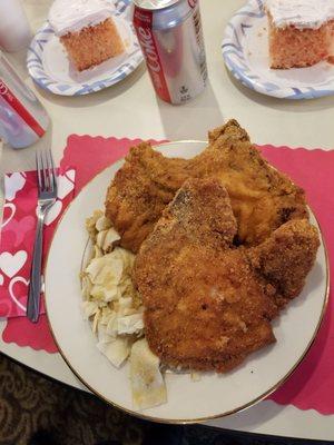 2 pork chops, cabbage and homemade noodles, applesauce,  bread and cherry cake. Pop for sale.