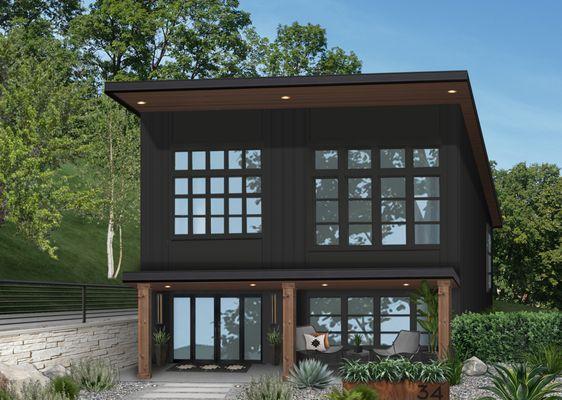 second rendering. I would have loved to see a third rendering of the black siding with the knee brace posts style in cedar.