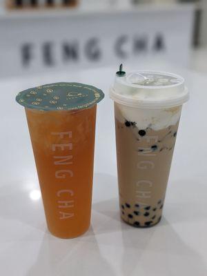 Grapefruit tea and the Black Milk Tea with boba and soft top.