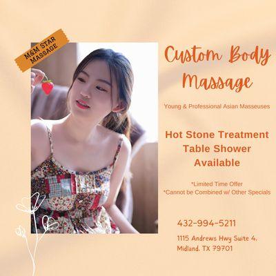 M&M Star Massage
 1115 Andrews Hwy Suite 4, Midland, TX 79701
 Call us at 432-994-5211