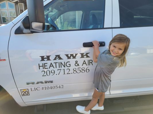 The youngest member of our Hawk family ready, with a smile, to go to work with Daddy