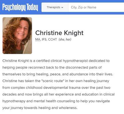 Christine Knight, MA in Counseling, Certified Clinical Hypnotherapist, and IFS Practitioner