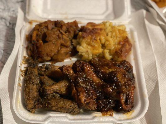 Jerk/BBQ Chicken Wings..Candied Yams.. Baked Mac&Cheese