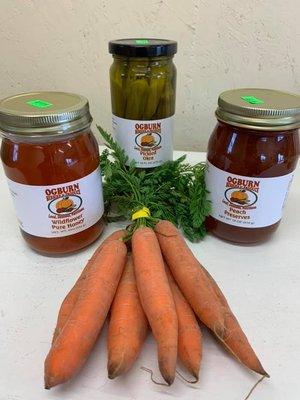 Carrots, wildflower honey, pickled okra, and peach preserves