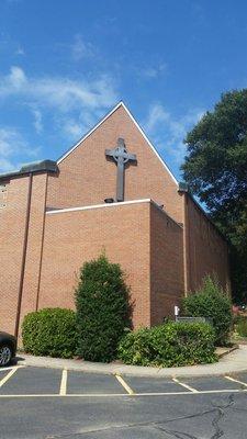 The outside of the front of the sanctuary, on a beautiful day!