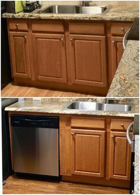 Modified existing cabinet to accommodate a dishwasher. Also replaced the countertop, moved sink location and outlets/plumbing.