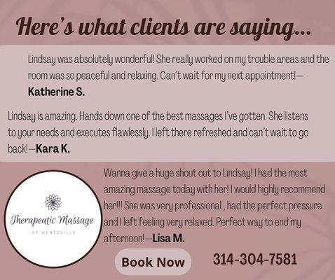 Here's what a few clients had to say about their massage experience. #greatmassagereviews #bestmassagetherapist #massagenearme