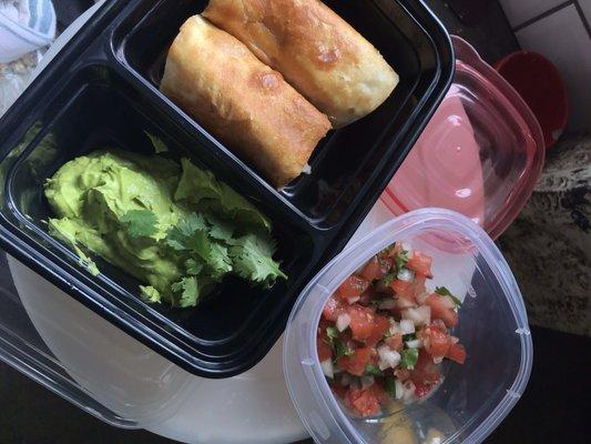 Chicken floutas, guacamole, and pico de gallo