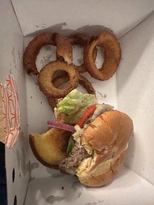 Build Me Up Burger with bacon and order of onion rings