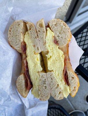 Egg and bacon on jalapeno cheddar bagel