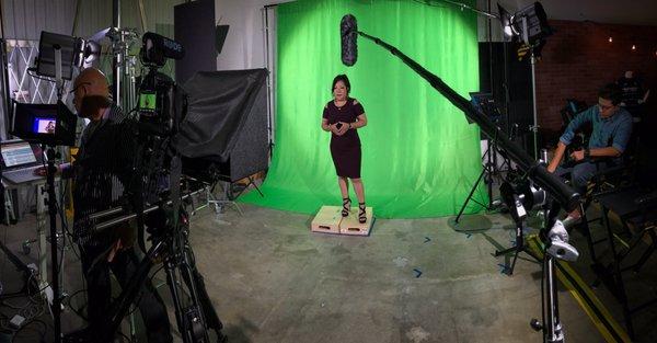 Green screen with TelePrompTer and audio set up