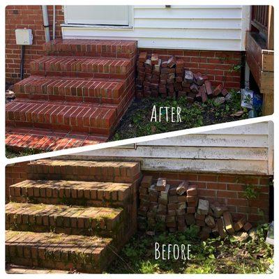 Here is a before and after of a brick staircase I was hired to clean.