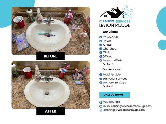 Cleaning services before and after of a sink along with our service info.