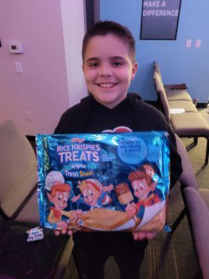 My son memorized the Bible Verse of the week and earned this giant Rice Krispy Treat!