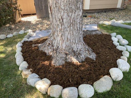 Mulch and hand placed rock border