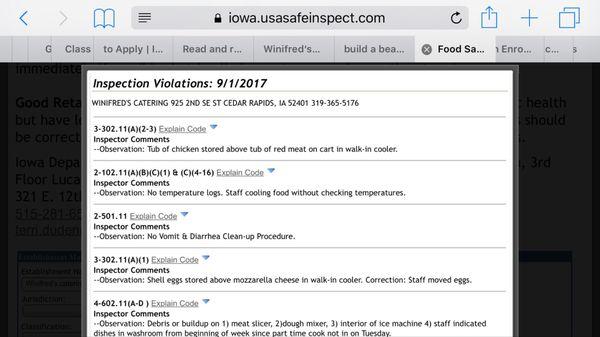 This is just the most recent inspection on Winifred's where they had 5 violations earlier in the year they had 11 violations