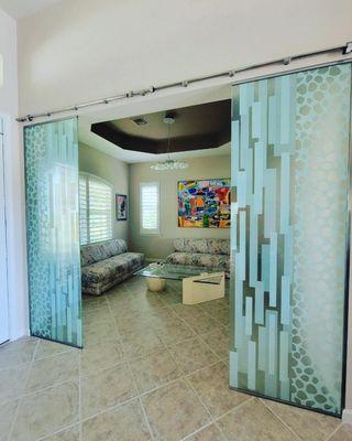 Custom design glass barn doors - film - privacy