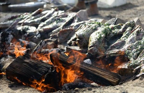 Fire roasted free range organic lamb roasting in the middle of the desert.