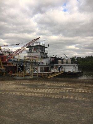 A boat having engine room repairs