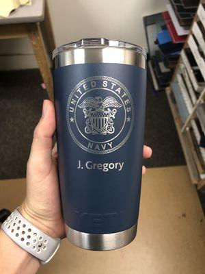 Laser engraved Yeti mug