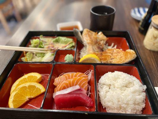 Salmon Kama and Sashimi Bento