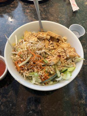 Vermicelli noodle bowl with tofu and veggies. soy sauce instead of fish sauce - vegan friendly!