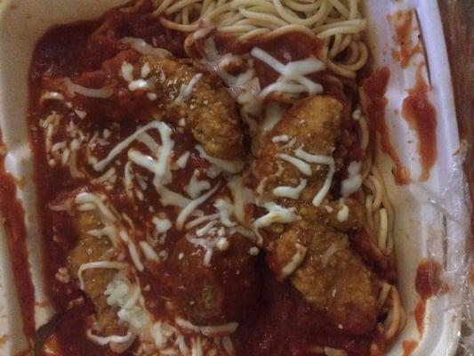 Chicken parm pasta with a meatball. Chicken cutlets basically in a sweet sauce. Liked it a lot for a pasta delivery too