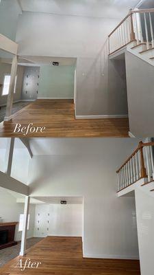 Before and after of our living room. The ceiling is high so we knew we wanted a professional, and Brush it On Paint delivered!