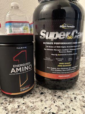 During workout : Energized Amino (caffeinated for energy and focus) Post Recovery : Super Bio Carb (support on glycogen stores)