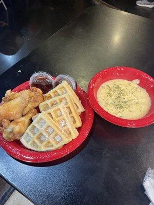 Chicken and waffles with cheese grits