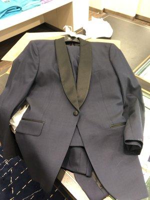 Custom midnight blue tux with a black shawl collar