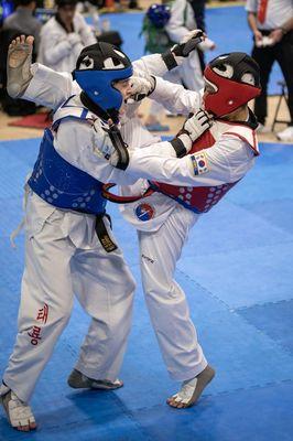 Olympian Tae Kwon Do student RED competing in Twin Tigers Tournament in Oxnard, Ca 3/11/2023