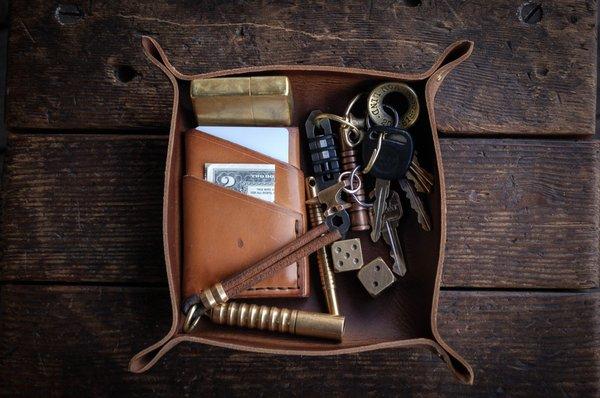 Leather Valet Tray holding our Leather Port Wallet and other gear.